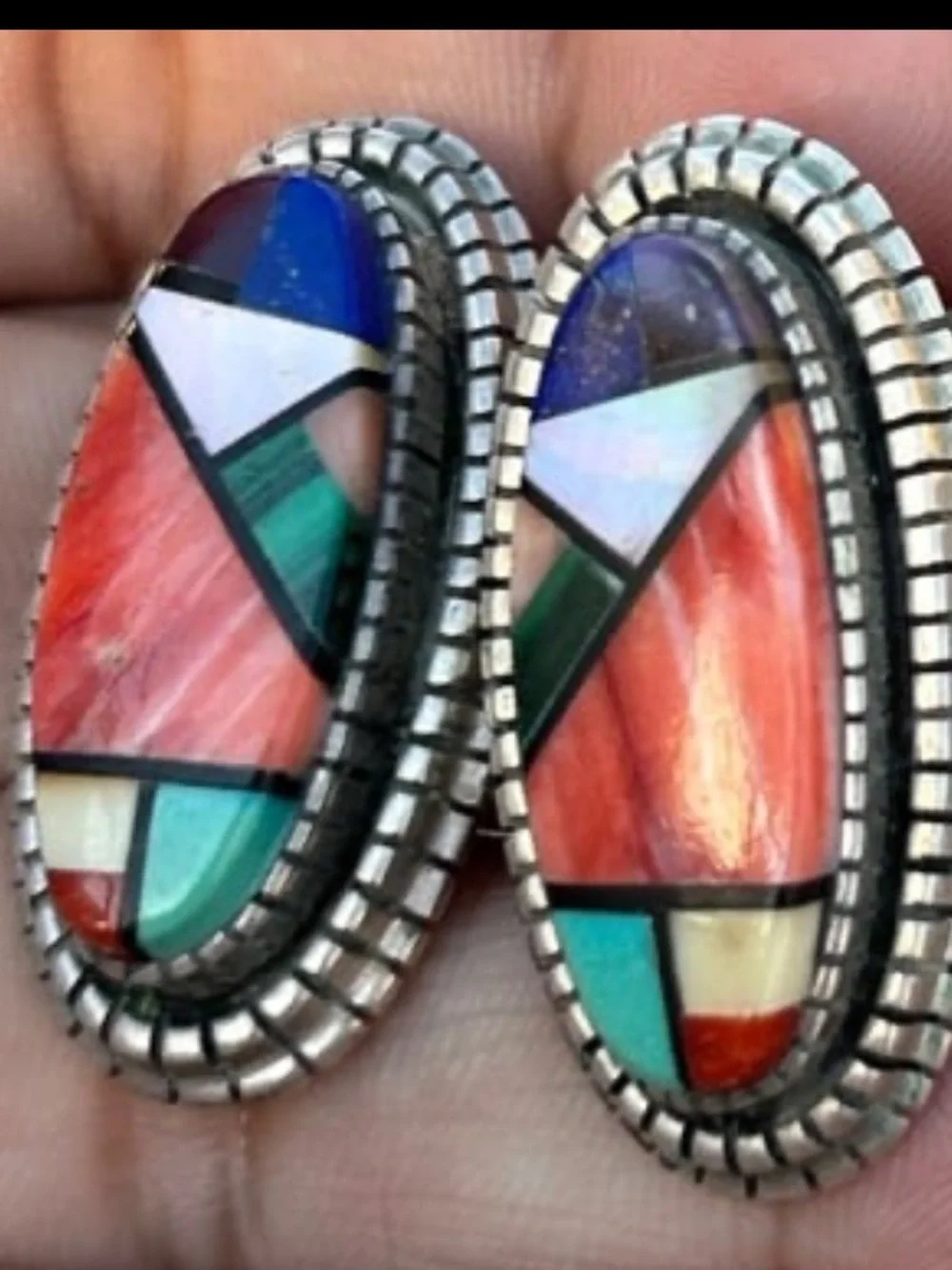 Sterling silver inlay gem Stones  Coral Natural Opal, Orange Spin clip earrings